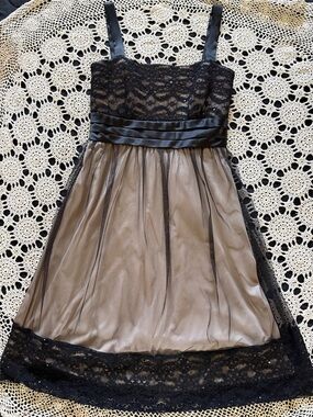 Night on the town Black Lace and Taupe Midi Dress 16